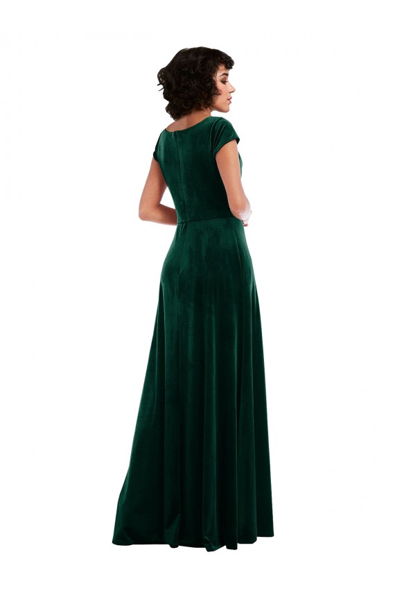 Veludo Elástico Decote Capuz Mangas Curtas Comprimento Chão Vestidos de Madrinha / Vestidos de Festa Baratos