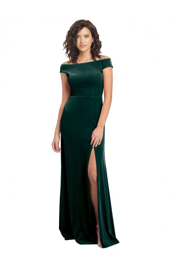 Veludo Elástico Decote Quadrado Mangas Curtas Comprimento Chão Vestidos de Madrinha / Vestidos de Noite / Vestidos de Festa Baratos
