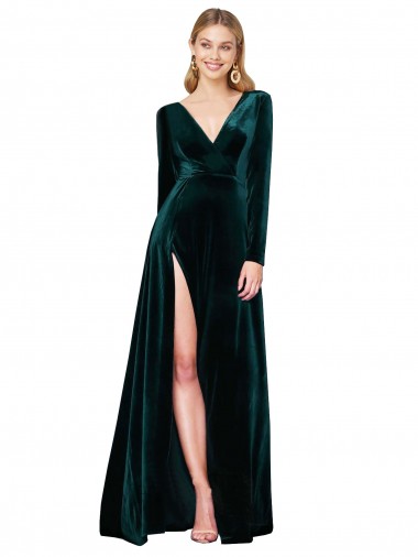 Veludo Elástico Decote V Mangas Compridas Comboio Varredela Vestidos de Madrinha / Vestidos de Noite / Vestidos de Festa Baratos