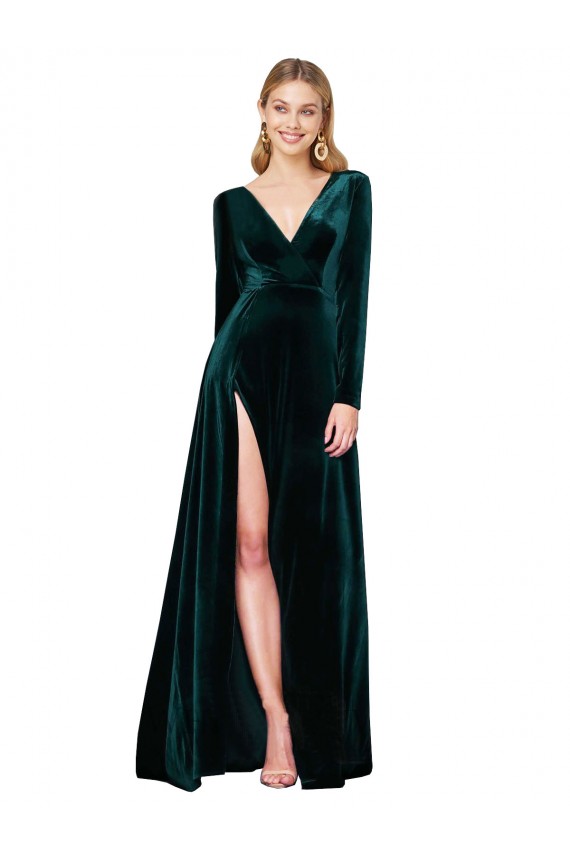 Veludo Elástico Decote V Mangas Compridas Comboio Varredela Vestidos de Madrinha / Vestidos de Noite / Vestidos de Festa Baratos