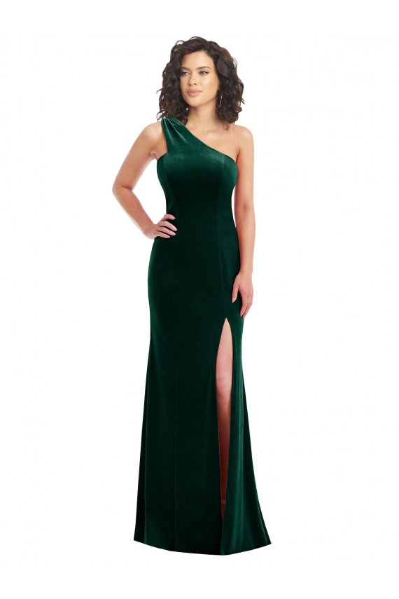Veludo Elástico Um Ombro Sem Mangas Comprimento Chão Vestidos de Madrinha / Vestidos de Festa Baratos