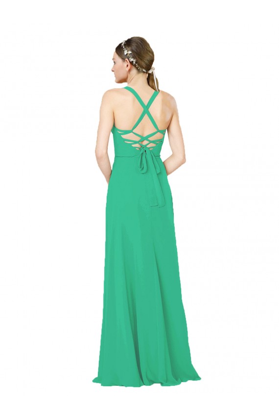 Chiffon Decote V Sem Mangas Criss Cruz Comprimento Chão Bainha Vestidos de Madrinha Baratos