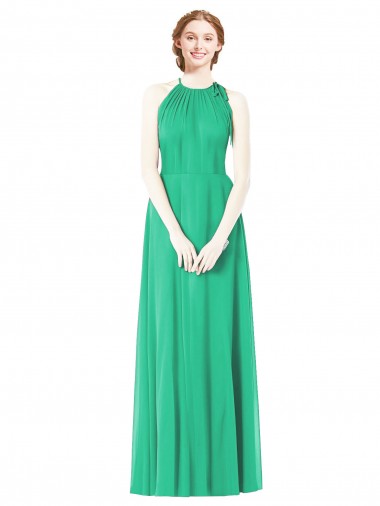 Chiffon Cabeçada Sem Mangas Comprimento Chão Verde Esmeralda Vestidos de Madrinha Baratos
