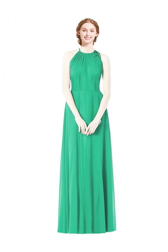 Chiffon Cabeçada Sem Mangas Comprimento Chão Verde Esmeralda Vestidos de Madrinha Baratos