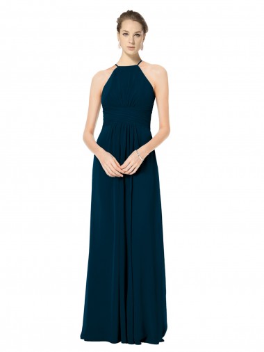 Chiffon Alças finas Sem Mangas Comprimento Chão Verde Meia-Noite Linha A Vestidos de Madrinha Baratos