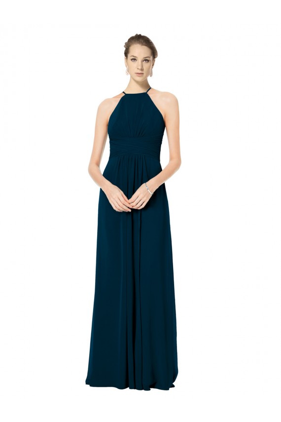 Chiffon Alças finas Sem Mangas Comprimento Chão Verde Meia-Noite Linha A Vestidos de Madrinha Baratos