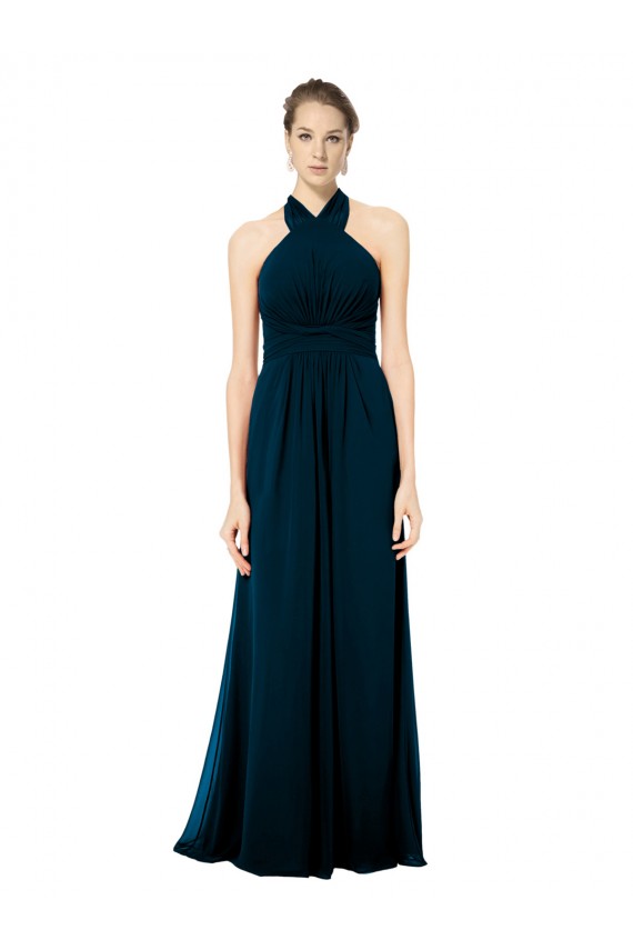 Chiffon Cabeçada Sem Mangas Twist Back Comprimento Chão Vestidos de Madrinha Baratos