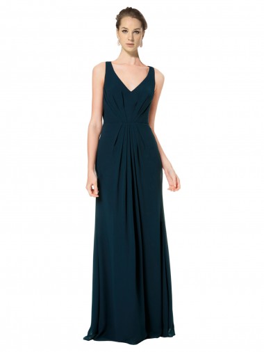 Chiffon Decote V Sem Mangas Comprimento Chão Verde Meia-Noite Linha A Vestidos de Madrinha Baratos