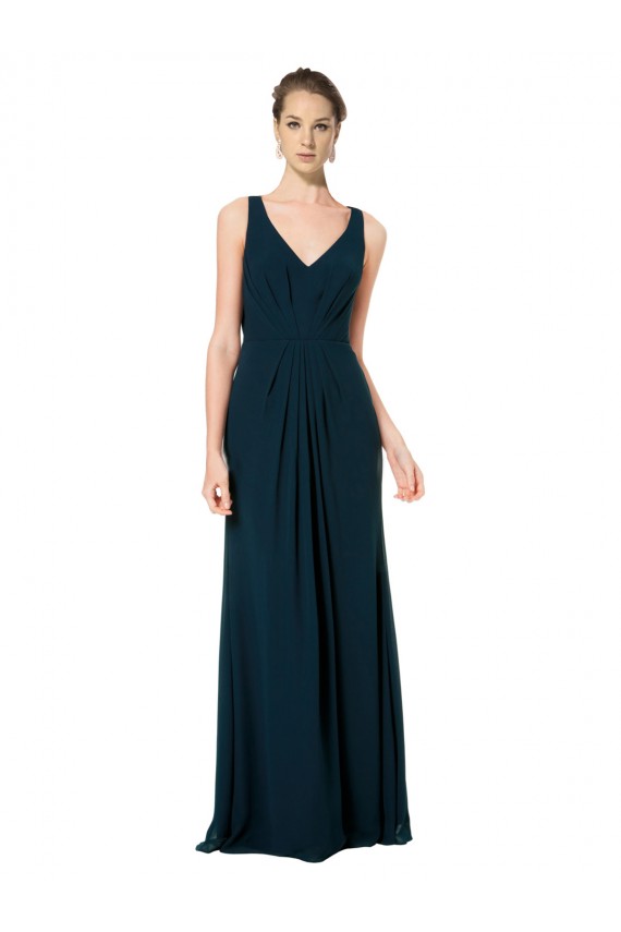 Chiffon Decote V Sem Mangas Comprimento Chão Verde Meia-Noite Linha A Vestidos de Madrinha Baratos