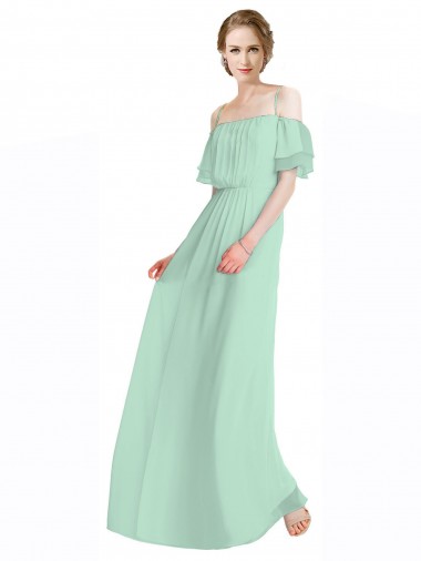 Chiffon Fora do Ombro Sem Mangas Comprimento Chão Verde Menta Linha A Vestidos de Madrinha Baratos