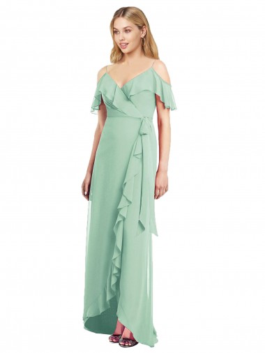 Chiffon Alças finas Ombro Frio Comprimento Chão Alto Baixo, Vestidos de Madrinha Baratos