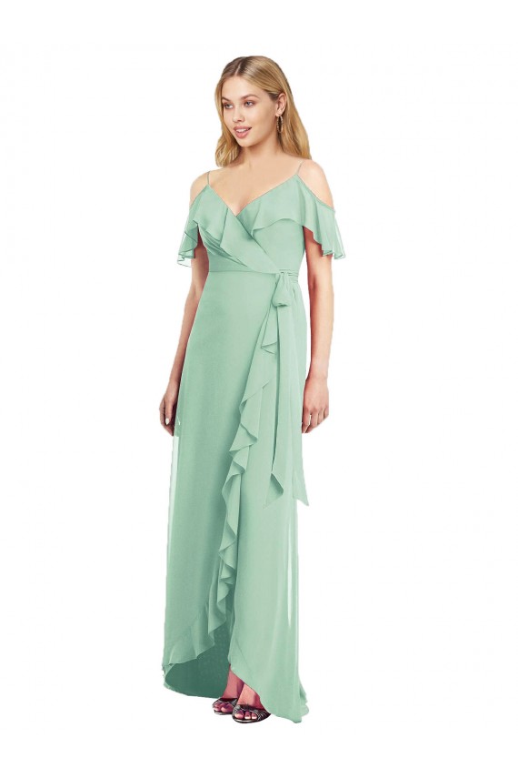 Chiffon Alças finas Ombro Frio Comprimento Chão Alto Baixo, Vestidos de Madrinha Baratos