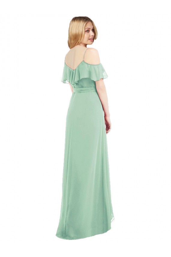 Chiffon Alças finas Ombro Frio Comprimento Chão Alto Baixo, Vestidos de Madrinha Baratos
