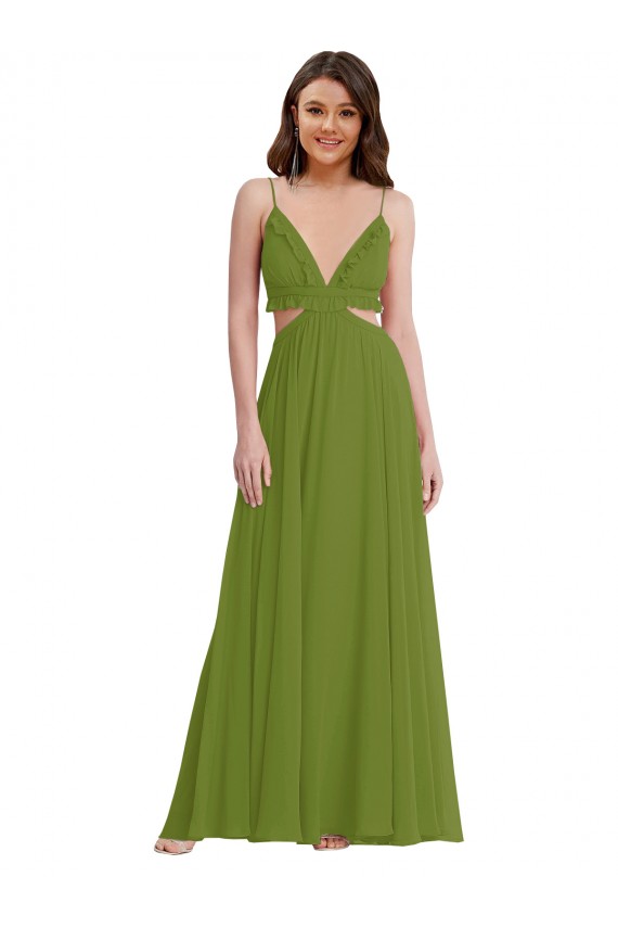 Chiffon Decote V Sem Mangas Abrir de volta Comprimento Chão Linha A Vestidos de Madrinha Baratos