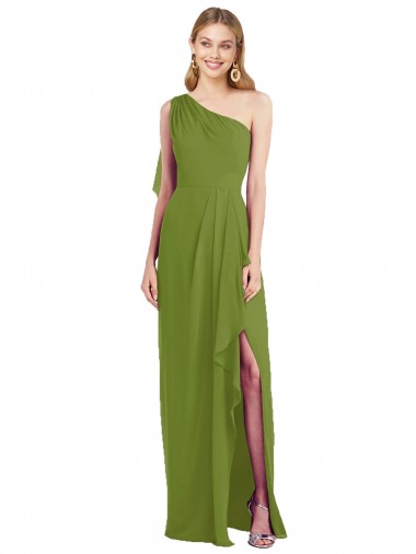 Chiffon Um Ombro Sem Mangas Comprimento Chão Verde Oliva Trombeta Vestidos de Madrinha Baratos