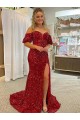 Lantejoulas Veludo Fora do Ombro Mangas Curtas Comboio Corte Vestidos de Festa Baratos