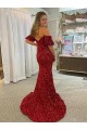 Lantejoulas Veludo Fora do Ombro Mangas Curtas Comboio Corte Vestidos de Festa Baratos