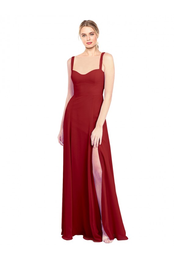 Chiffon Amor Sem Mangas Comprimento Chão Vermelho Linha A Vestidos de Madrinha Baratos