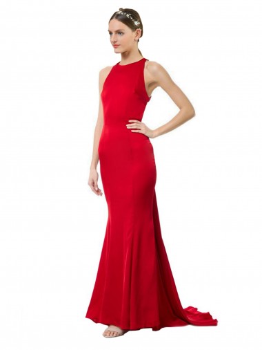Crepe Esticado Cabeçada Sem Mangas Abrir de volta Comprimento Chão Longo Sereia Vestidos de Madrinha / Vestidos de Festa Baratos