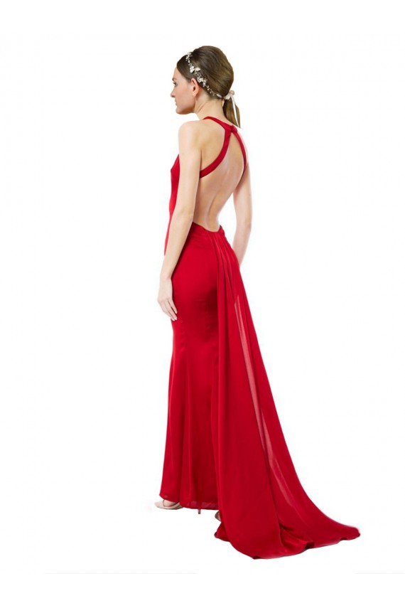 Crepe Esticado Cabeçada Sem Mangas Abrir de volta Comprimento Chão Longo Sereia Vestidos de Madrinha / Vestidos de Festa Baratos
