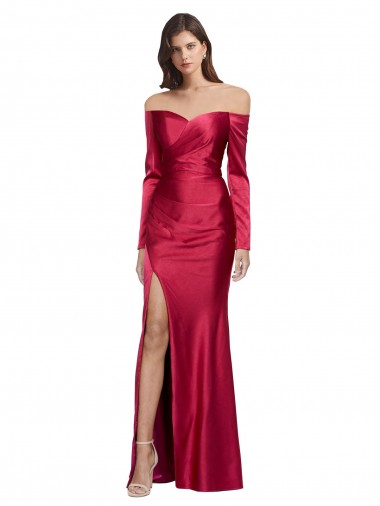 Cetim Elástico Amor Mangas Compridas Comprimento Chão Vestidos de Madrinha / Vestidos de Noite / Vestidos de Festa Baratos