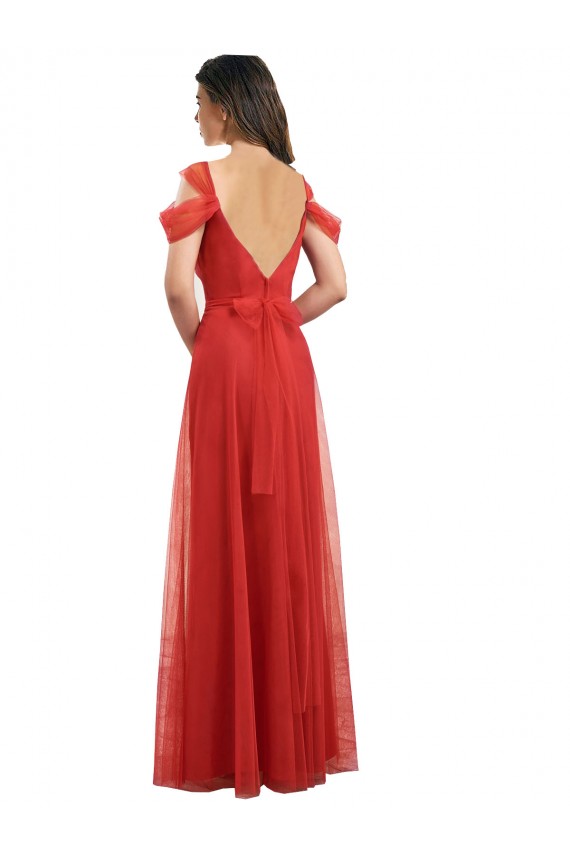 Tule Amor Ombro Frio Costas em V Comprimento Chão Vestidos de Madrinha Baratos