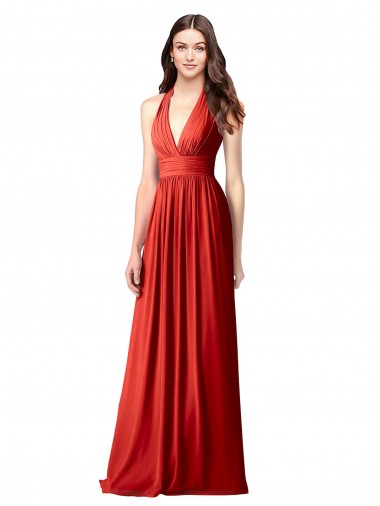 Chiffon Cabeçada Sem Mangas Abrir de volta Comprimento Chão Vermelho Linha A Vestidos de Madrinha Baratos