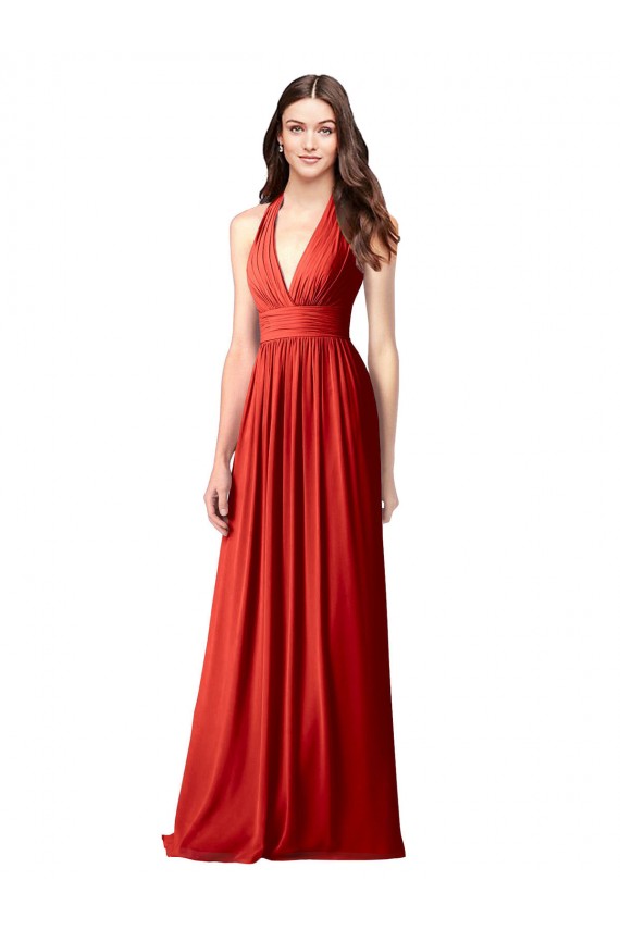 Chiffon Cabeçada Sem Mangas Abrir de volta Comprimento Chão Vermelho Linha A Vestidos de Madrinha Baratos