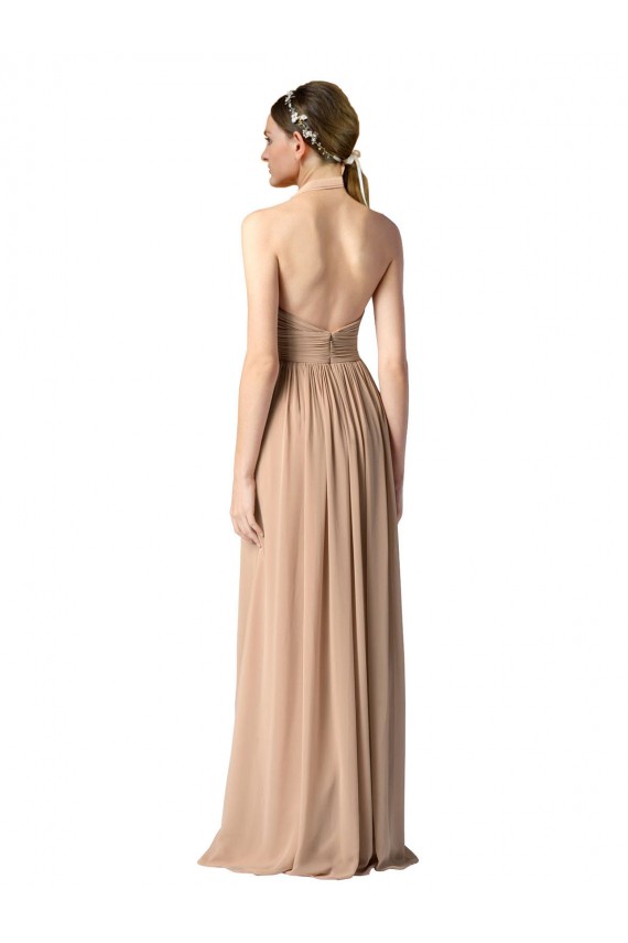 Chiffon Cabeçada Sem Mangas Abrir de volta Comprimento Chão Vermelho Linha A Vestidos de Madrinha Baratos