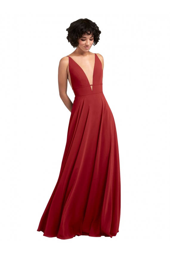 Chiffon Decote V Sem Mangas Costas em V Comprimento Chão Linha A Vestido de Madrinha Baratos