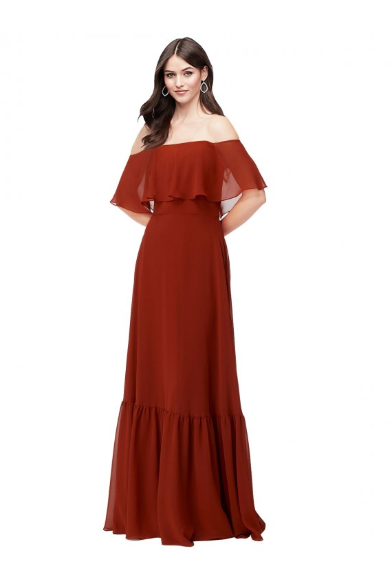 Chiffon Fora do Ombro Mangas Esvoaçantes, Mangas Curtas Comprimento Chão Vestidos de Madrinha Baratos