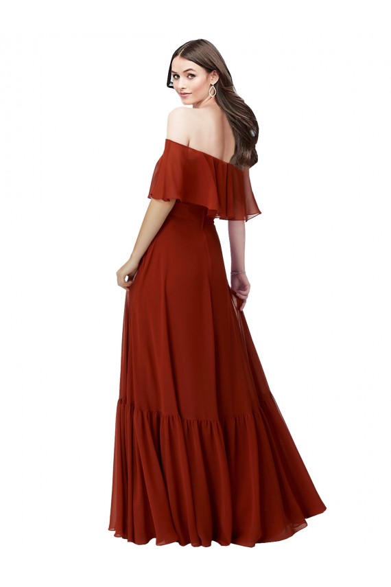 Chiffon Fora do Ombro Mangas Esvoaçantes, Mangas Curtas Comprimento Chão Vestidos de Madrinha Baratos