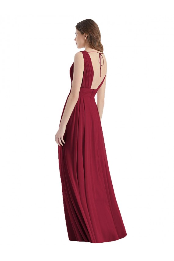 Chiffon Decote V Sem Mangas Amarrar para trás Comprimento Chão Linha A Vestidos de Madrinha Baratos