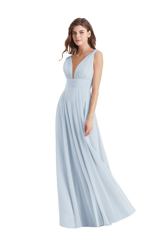 Chiffon Decote V Sem Mangas Amarrar para trás Comprimento Chão Linha A Vestidos de Madrinha Baratos