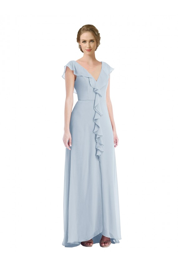 Chiffon Decote V Sem Mangas Costas em V Comprimento Chão Vidro Marinho Linha A Vestidos de Madrinha Baratos