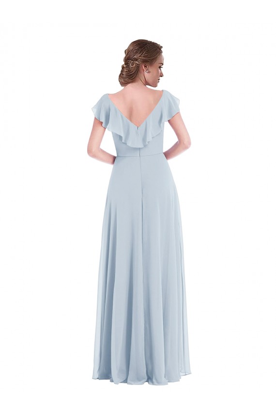 Chiffon Decote V Sem Mangas Costas em V Comprimento Chão Vidro Marinho Linha A Vestidos de Madrinha Baratos