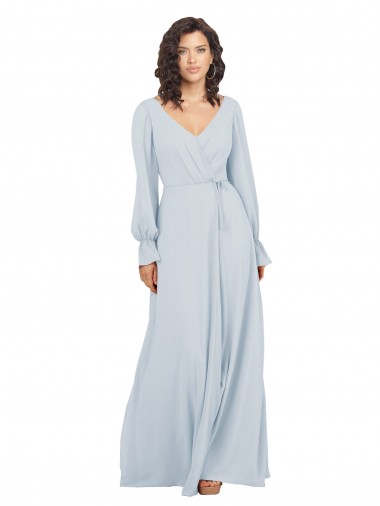 Chiffon Decote V Mangas Compridas Comprimento Chão Linha A Vestidos de Madrinha Baratos