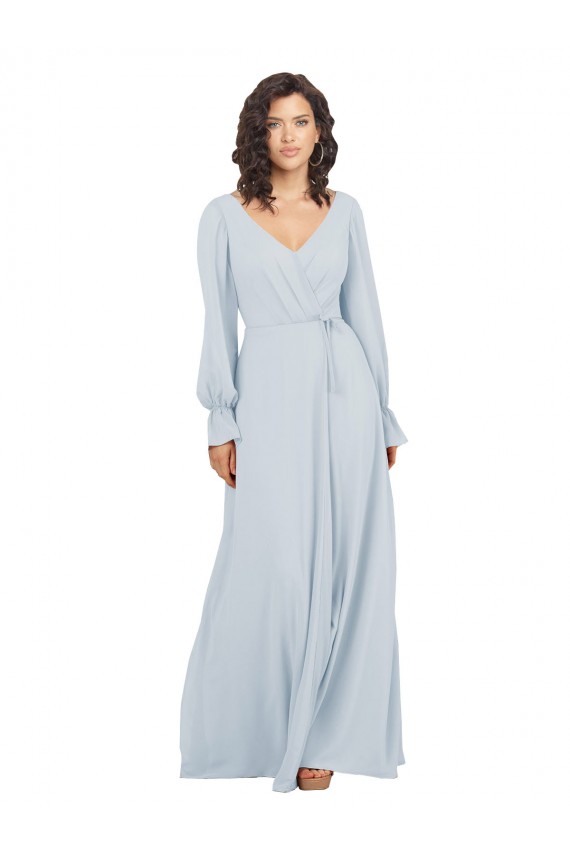 Chiffon Decote V Mangas Compridas Comprimento Chão Linha A Vestidos de Madrinha Baratos