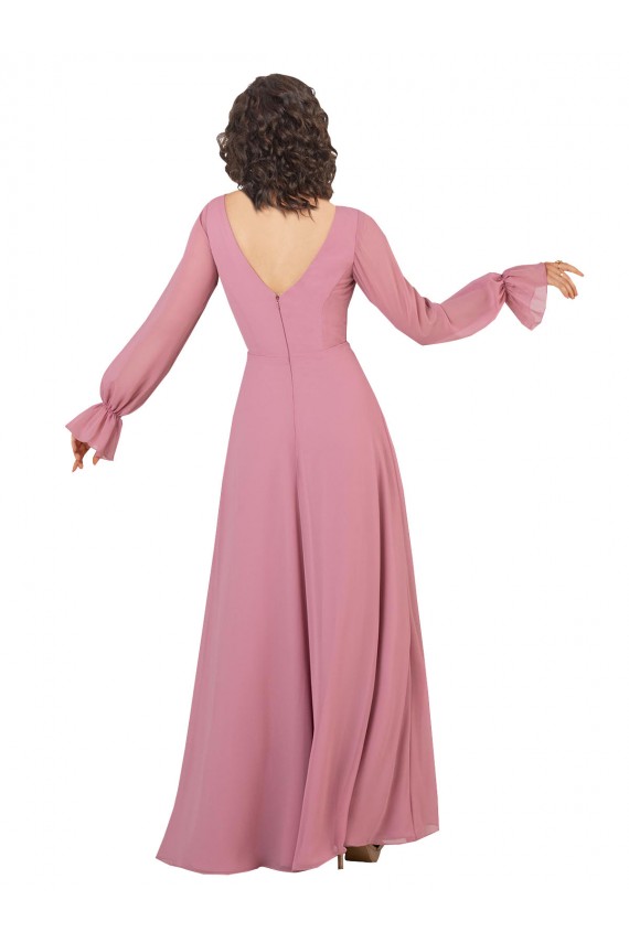 Chiffon Decote V Mangas Compridas Comprimento Chão Linha A Vestidos de Madrinha Baratos