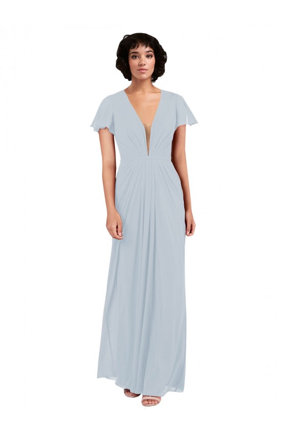 Chiffon Decote V Mangas Esvoaçantes, Mangas Curtas Comprimento Chão Vestidos de Madrinha Baratos