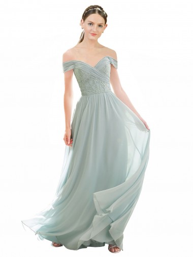 Chiffon & Renda Fora do Ombro Mangas Curtas Comprimento Chão Linha A Vestidos de Madrinha Baratos