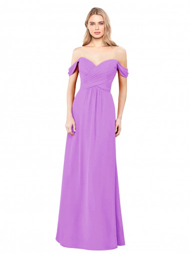 Chiffon Fora do Ombro Sem Mangas Comprimento Chão Violeta Linha A Vestidos de Madrinha Baratos