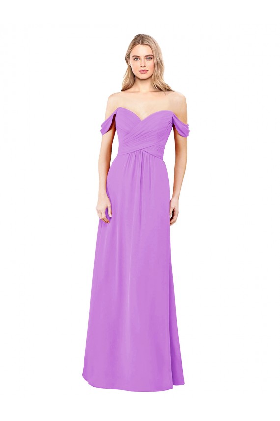 Chiffon Fora do Ombro Sem Mangas Comprimento Chão Violeta Linha A Vestidos de Madrinha Baratos