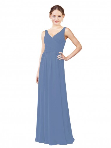 Chiffon Decote V Sem Mangas Comprimento Chão Windsor Azul Bainha Vestidos de Madrinha Baratos