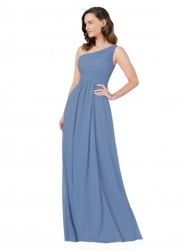 Chiffon Um Ombro Sem Mangas Comprimento Chão Windsor Azul Bainha Vestidos de Madrinha Baratos