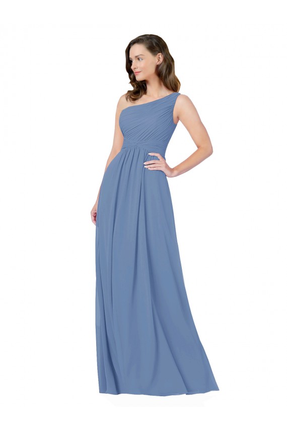 Chiffon Um Ombro Sem Mangas Comprimento Chão Windsor Azul Bainha Vestidos de Madrinha Baratos