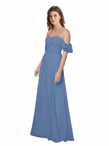 Chiffon Fora do Ombro Mangas Esvoaçantes Abrir de volta Comprimento Chão Vestidos de Madrinha Baratos