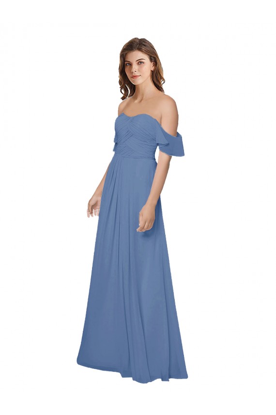 Chiffon Fora do Ombro Mangas Esvoaçantes Abrir de volta Comprimento Chão Vestidos de Madrinha Baratos