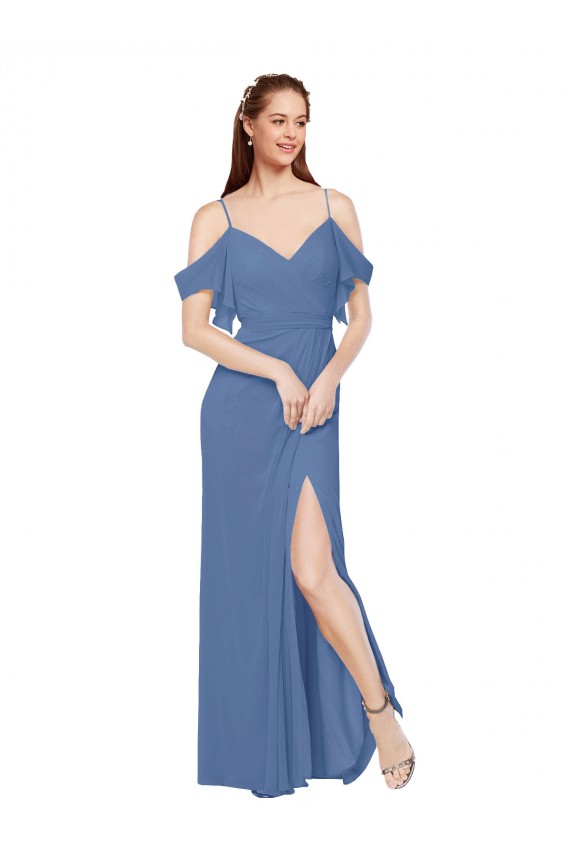 Chiffon Fora do Ombro Sem Mangas Comprimento Chão Windsor Azul Linha A Vestidos de Madrinha Baratos