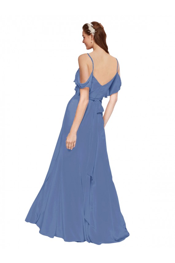 Chiffon Fora do Ombro Sem Mangas Comprimento Chão Windsor Azul Linha A Vestidos de Madrinha Baratos